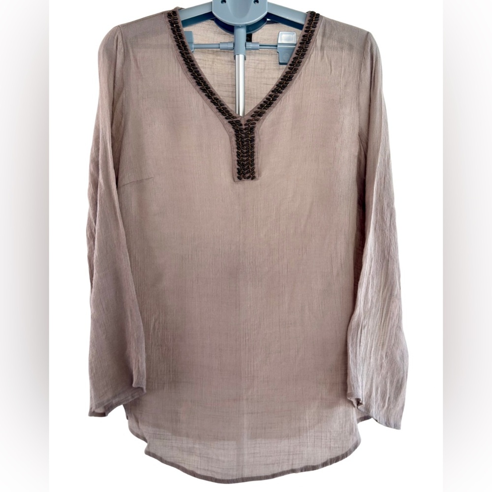 New Directions Embellished Tunic Blouse XL Beige V-Neck Sheer Boho